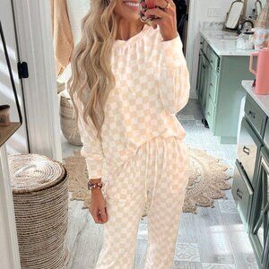 Beige Checkered Print Long Sleeve Top and Pants Lounge Set
